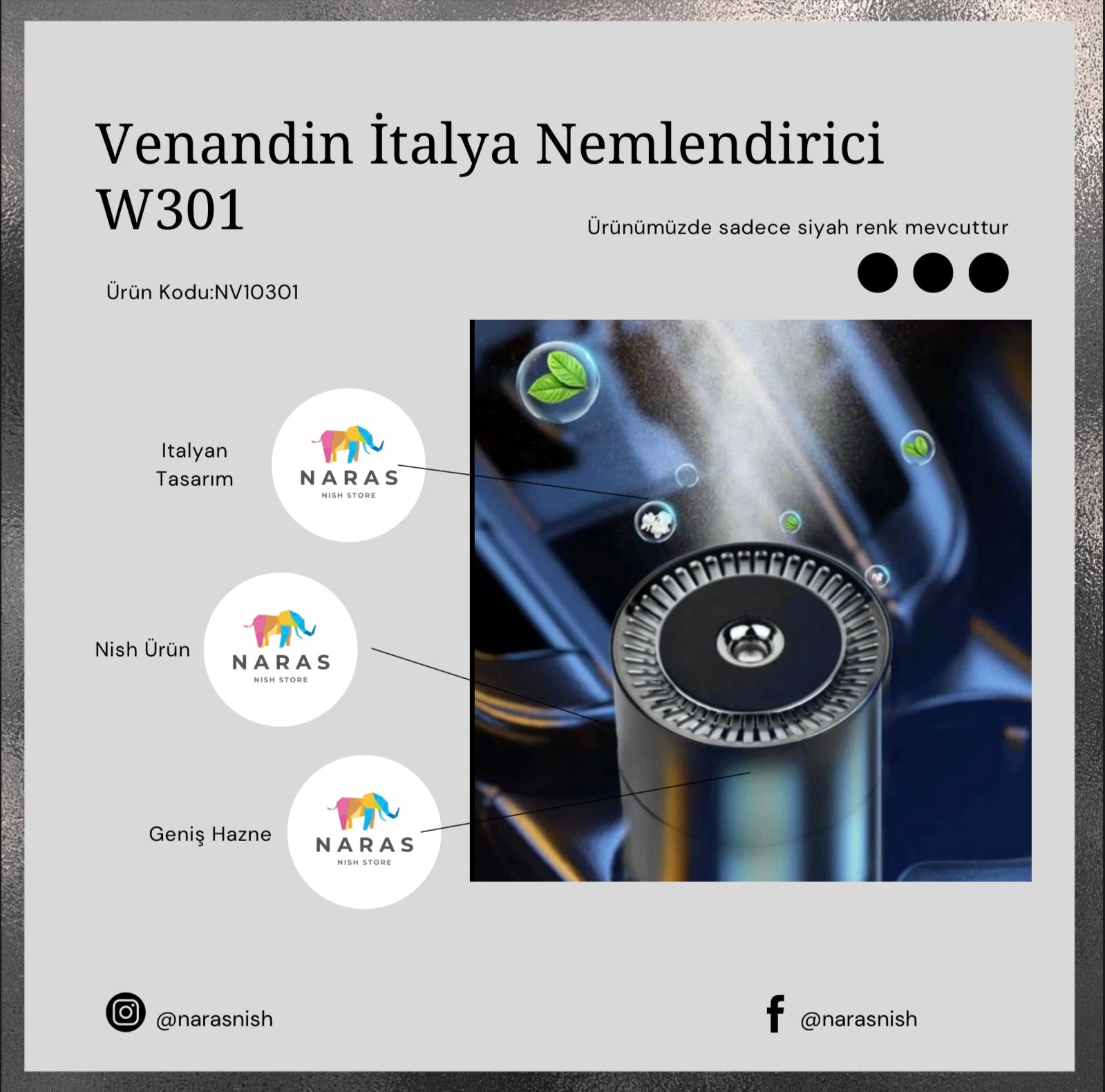 Venandin Humidifier W301 - Italyan Tasarım Araç içi nemlendirici 260ml/Black