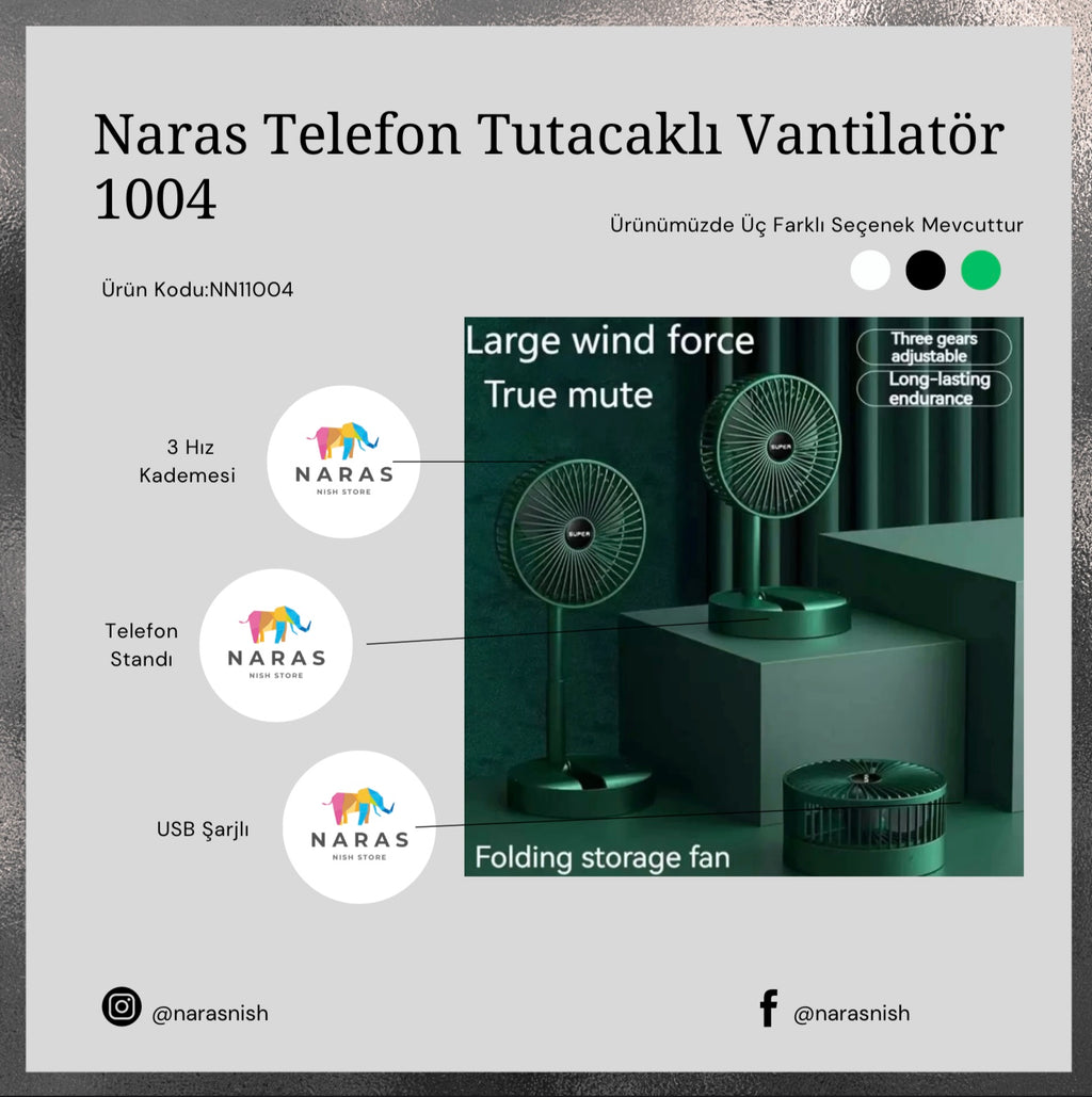 Naras Mini Fan Masaüstü Katlanabilir Şarjlı 3 Kademeli Vantilatör Telefon Stantlı 2in1 Taşınabilir