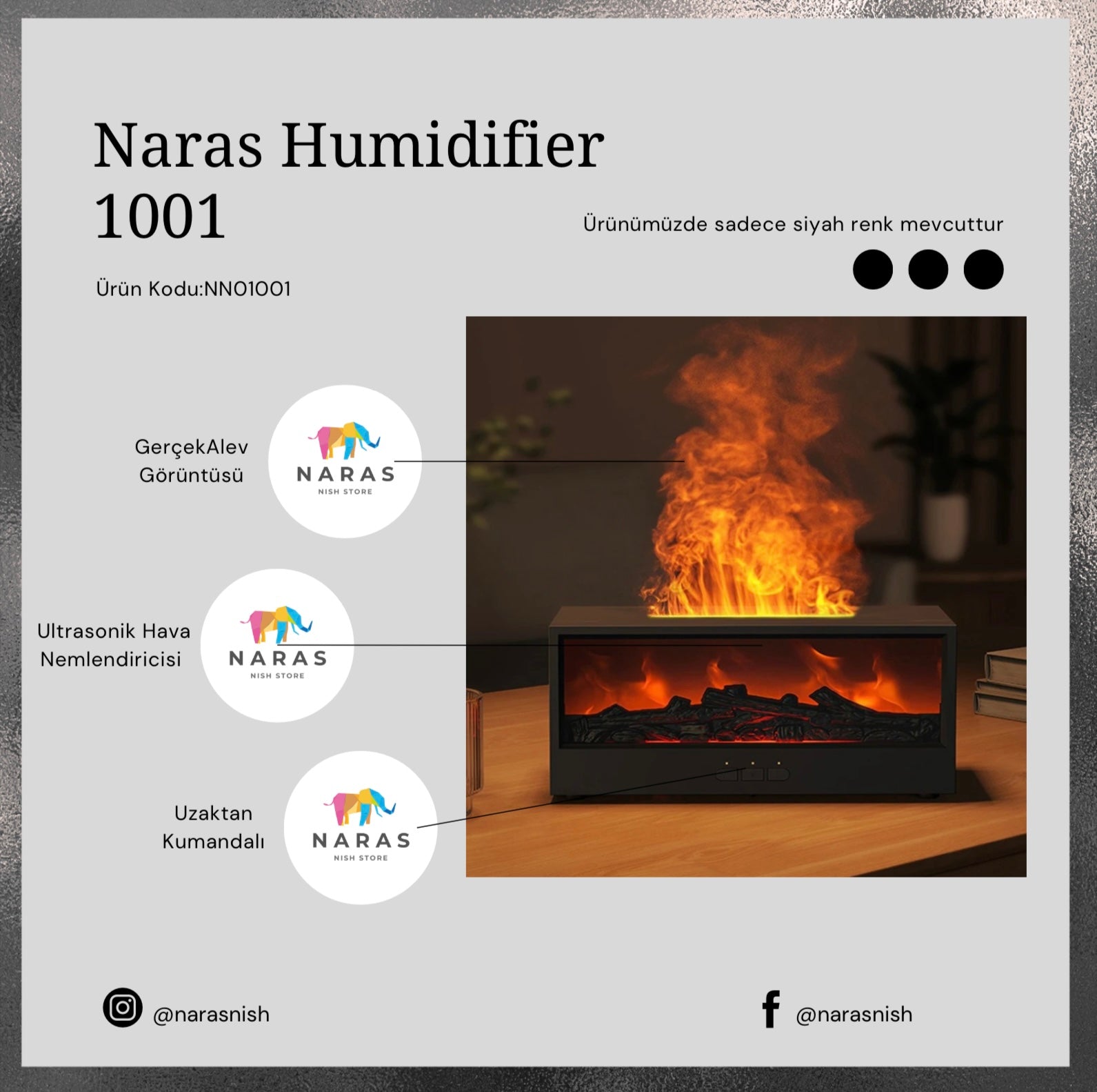 Naras-Şömine Humidifier Kumandalı 150 ML Ultrasonik Hava Nemlendirici Buhar Makinesi Ve Aroma Difüzörü