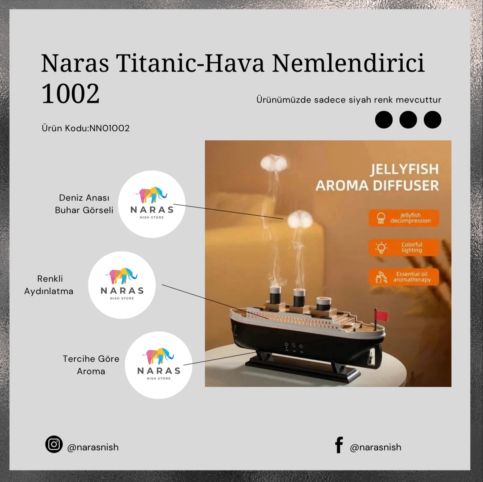 Naras Titanic Gemi Model Hava Nemlendirici Aroma Difüzörü Uzaktan Kumanda 250ml Kapasite