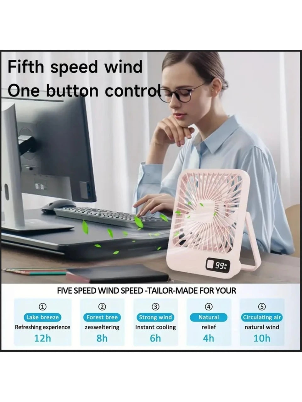 Masaüstü Şarjlı Fan 5 Hız Kademeli Ultra Ince Led Göstergeli Vantilatör Serinletici Mini Klima