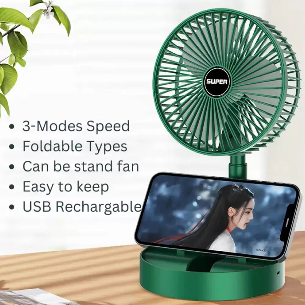 Naras Mini Fan Masaüstü Katlanabilir Şarjlı 3 Kademeli Vantilatör Telefon Stantlı 2in1 Taşınabilir